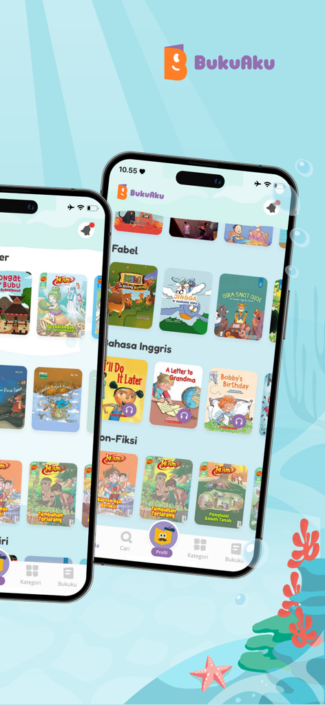 BukuAku - BukuAku app interface showing a curated library of children's books with categories for fables and English language learning