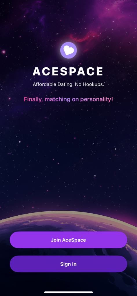 AceSpace: Dating & Friendships - AceSpace app welcome screen with a space background and buttons to join or sign in