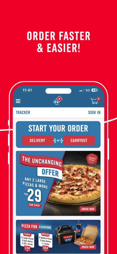 Domino’s MENA - Dominos MENA mobile app home screen showing pizza offers and options for delivery or carryout