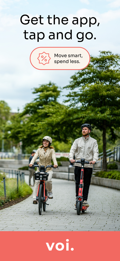 A man on a Voi electric scooter and a woman on a Voi electric bike riding on a path.