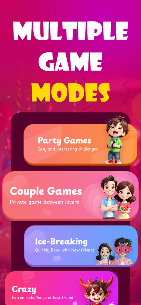 Pantalla de la aplicación Verdad o Reto mostrando la selección de Juegos de Fiesta, Juegos para Parejas, Rompehielos y Modos Locos.