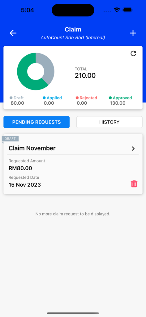 AC Payroll - AC Payroll app dashboard showing expense claim status and pending requests