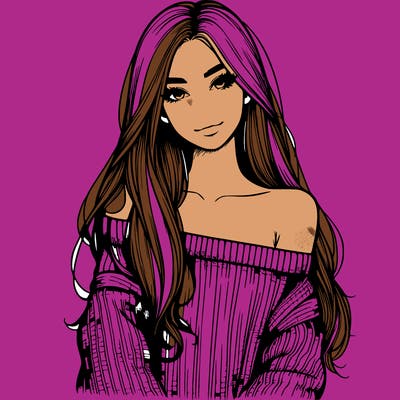 realistic girl with long hair wearing an off the shoulder sweater