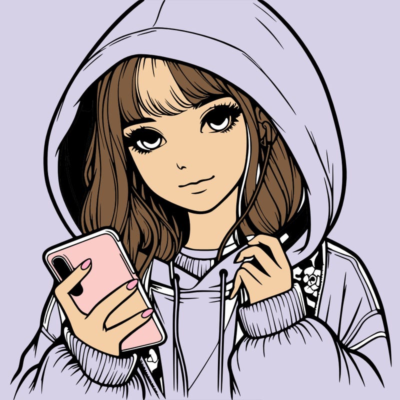 realistic girl with oversized hood and holding a phone