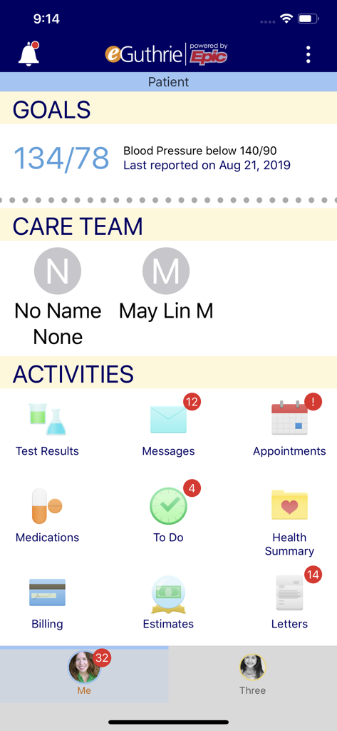 eGuthrie - eGuthrie mobile app dashboard displaying patient health goals care team information and medical management icons