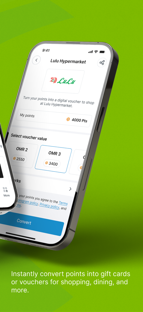 Mobile App-Oberfläche, die die Umwandlung von Treuepunkten in digitale Einkaufs-Vouchers zeigt