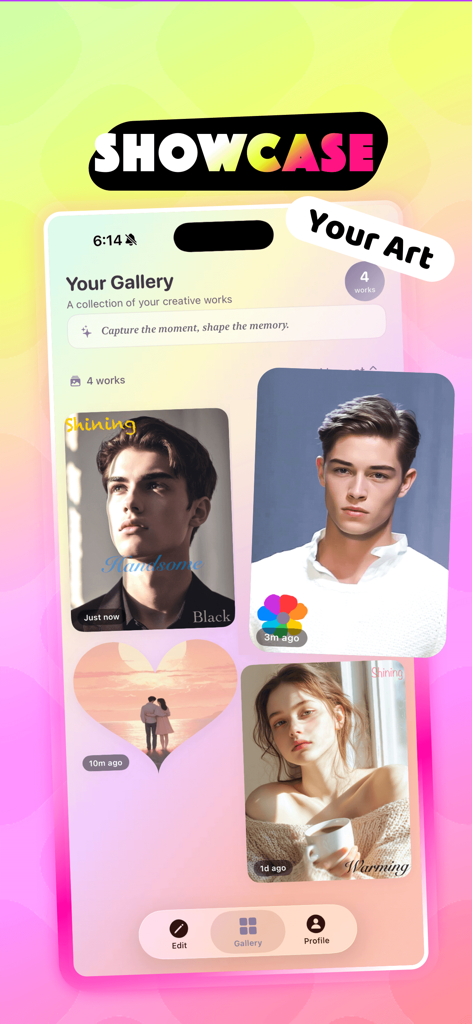 Kael - Calm & Explore - Une capture d'écran de l'application Kael présentant une galerie personnelle d'éditions photo créatives.