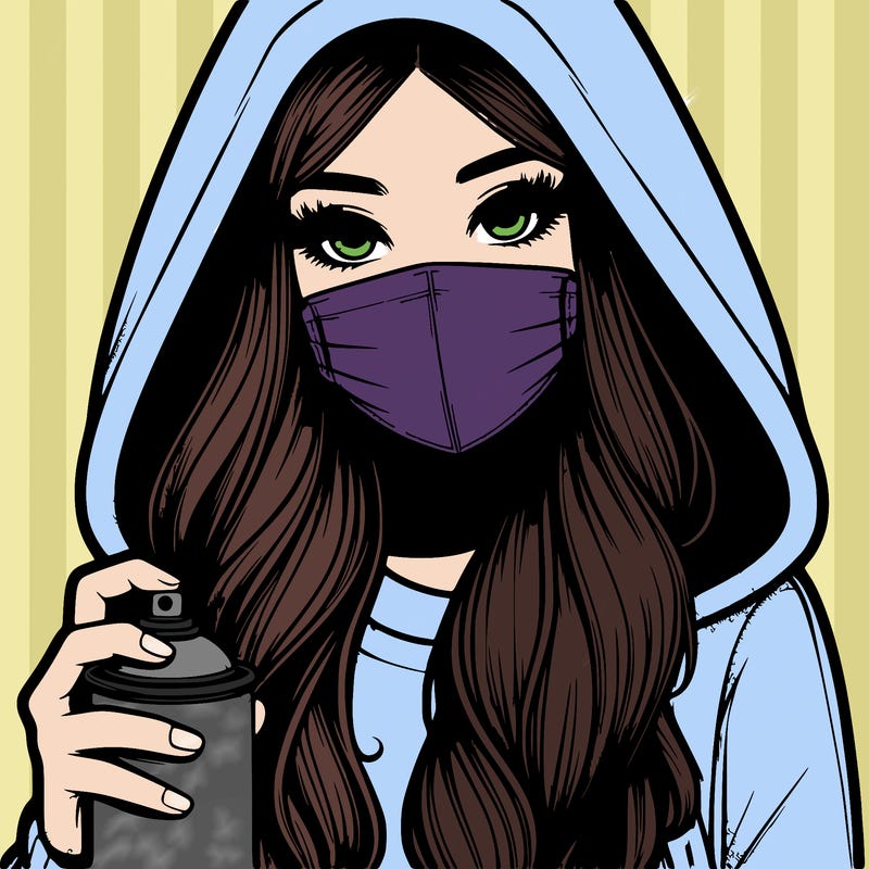 girl wearing a mask with long hair with her hood up spray-painting realistic
