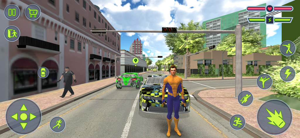 Spider Superhero Open World 3D - スパイダーヒーロー オープンワールド 3Dのゲームプレイで、街の通りに立っているヒーローキャラクター