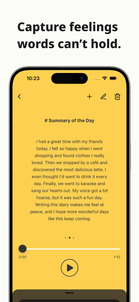A screenshot of the Murmur Voice Diary app showing a yellow screen with a text summary of the day and audio playback controls