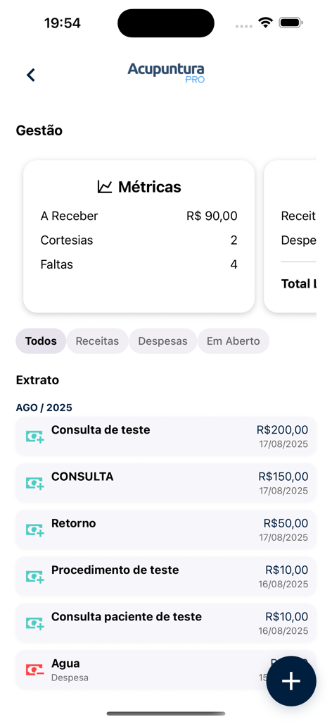 Acupuntura Pro - Pantalla de gestión de la aplicación Acupuntura Pro que muestra métricas financieras de la clínica e historial de transacciones