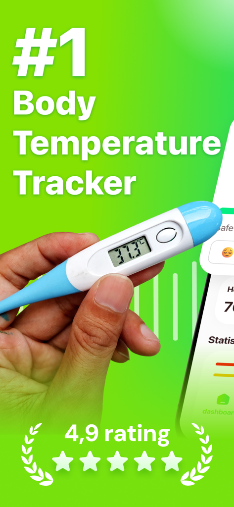 デジタル体温計を持つ手とアプリの評価4.9つ星