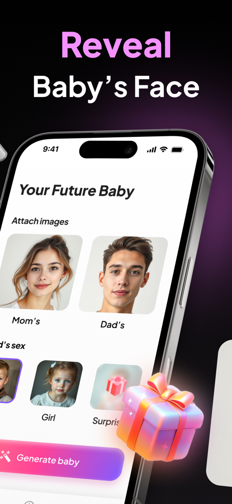 Baby Generator: AI Face Maker. - Interface of the Baby Generator app showing Mom and Dad photo upload options to reveal a future baby face.