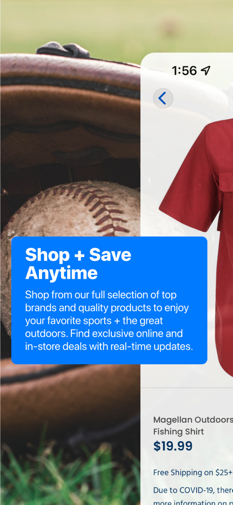 Academy Sports and Outdoors app interface showing a promotional message and a fishing shirt product page