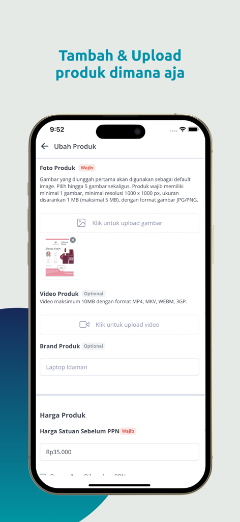 PaDi UMKM Seller - Interface of PaDi UMKM Seller app showing fields to upload product photos, videos, and set prices.