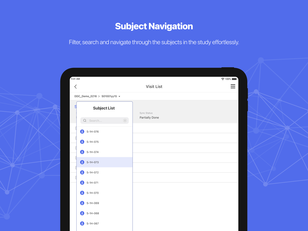 cubeDDC iPad app interface showing the Subject Navigation and Subject List feature for clinical trials