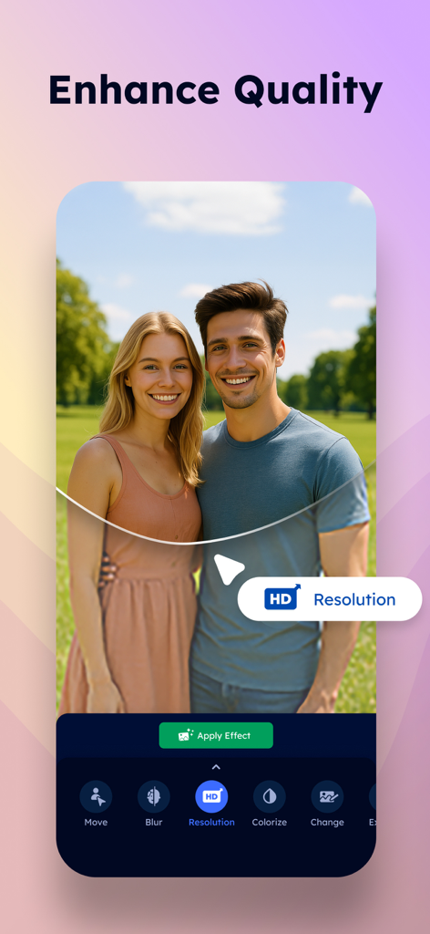 PixVibe: Magic Object Eraser - Interfaz de la aplicación PixVibe que muestra la mejora de la calidad de la foto con IA y la configuración de resolución para una foto de retrato