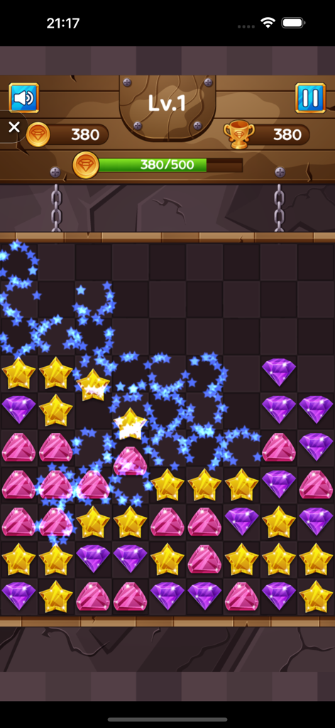 Offline Games - No Wifi Puzzle - Gameplay of a jewel match puzzle featuring colorful stars and gems on a grid