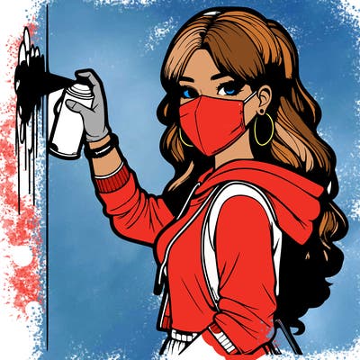 realistic girl with mask spray painting a wall