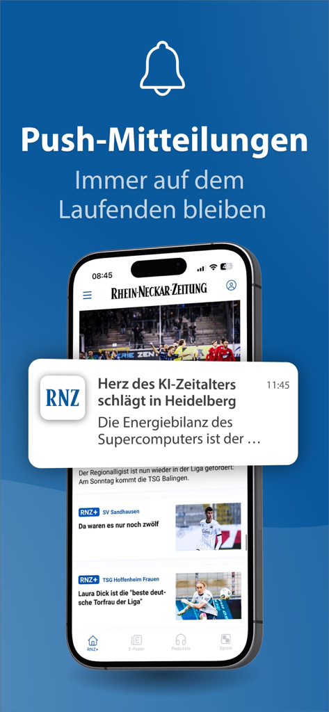 RNZ - Nachrichten - Un smartphone mostrando una notificación push de la aplicación RNZ Nachrichten sobre una supercomputadora en Heidelberg