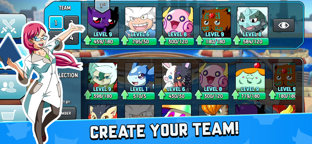 Pantalla de Monster Masters EX que muestra la interfaz de colección de monstruos y creación de equipos