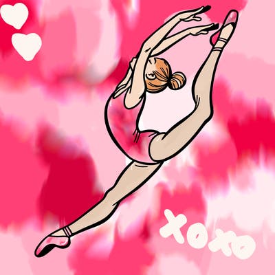 gymnast doing a leap in a leotard with a bent back leg