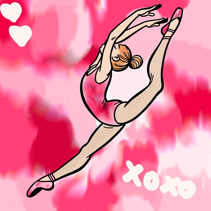 gymnast doing a leap in a leotard with a bent back leg