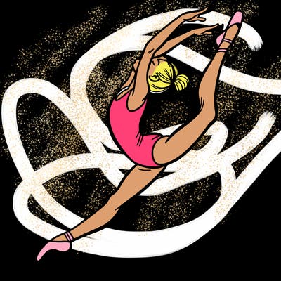 gymnast doing a leap in a leotard with a bent back leg