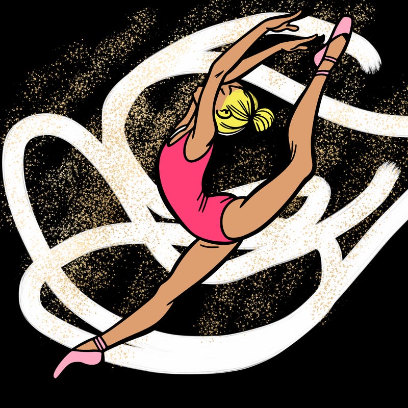 gymnast doing a leap in a leotard with a bent back leg