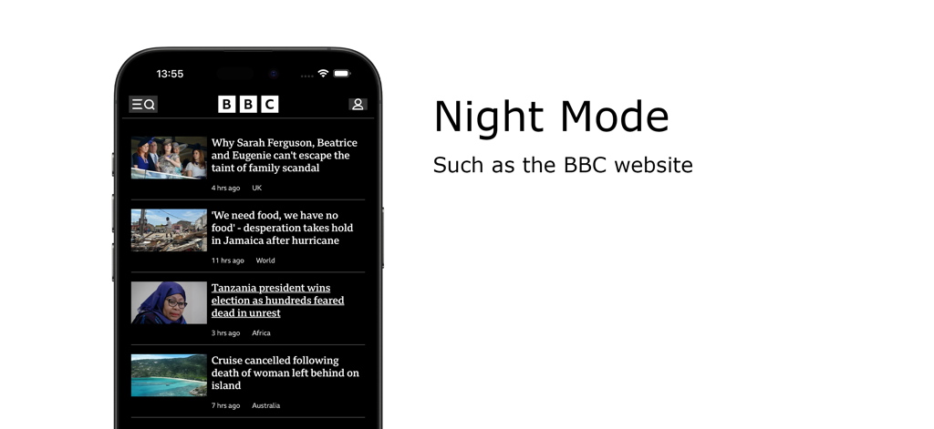Turn Off the Lights for Safari - Turn Off the Lights Safari拡張機能のナイトモード機能。iPhone上のBBCウェブサイトをダークモードで表示