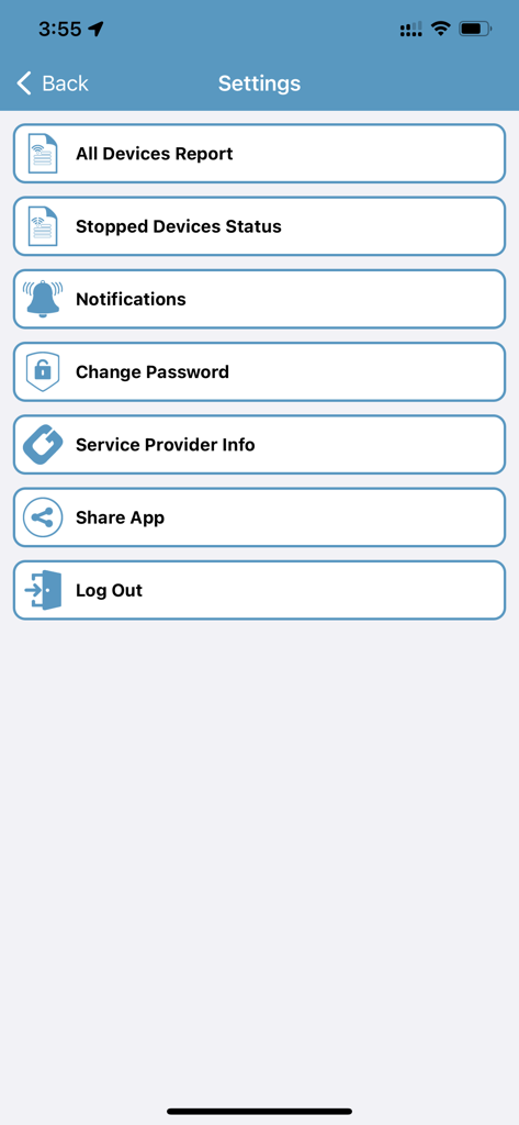 Menu delle impostazioni dell'app Sistema di Tracciamento Veicoli Solare che mostra report sui dispositivi e opzioni di notifica.
