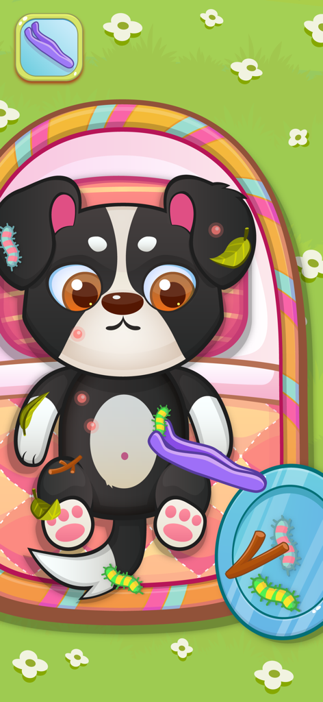 Doctor Pets - Animal Vet Games - Un chien de dessin animé reçoit des soins vétérinaires avec des pinces à épiler dans un jeu vétérinaire