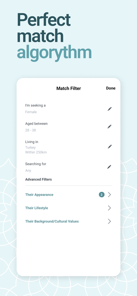 Muslima: Halal Muslim Dating - A mobile app screen showing advanced match filters for a Muslim dating app including age location and cultural values search options.