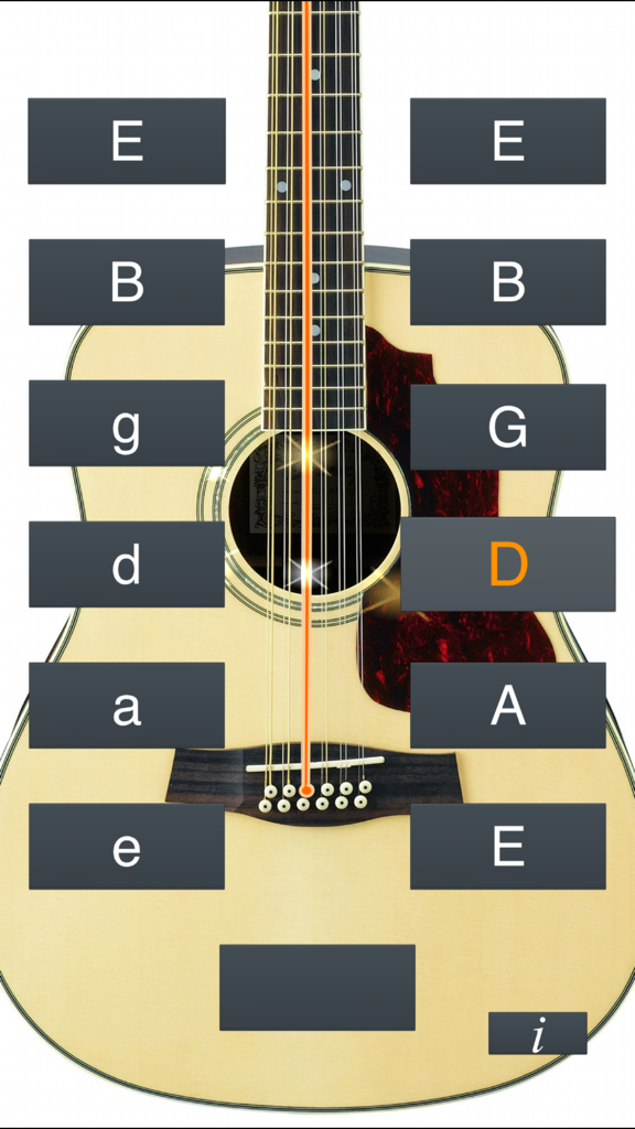 Interface of the 12-string guitar tuner app showing tuning notes and pitch buttons