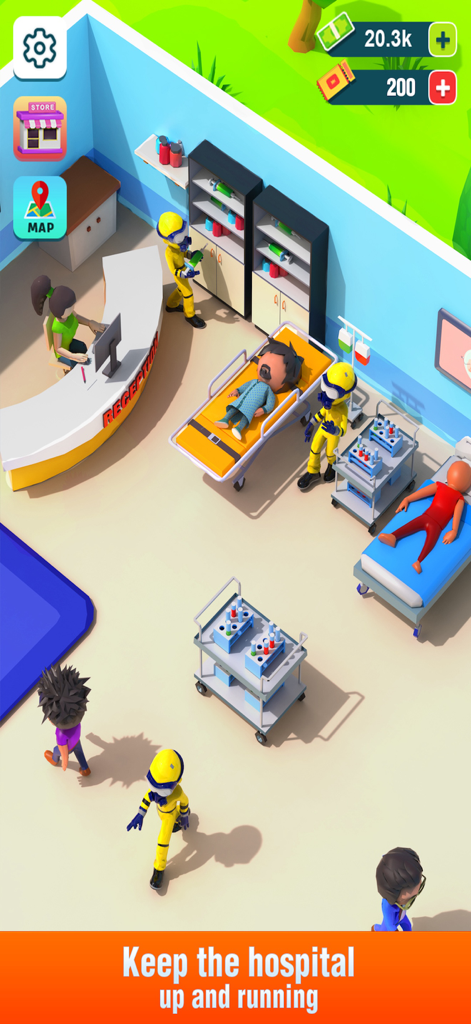 Hospital Tycoon-Gameplay, das medizinisches Personal und Patienten in einem Empfangsbereich zeigt