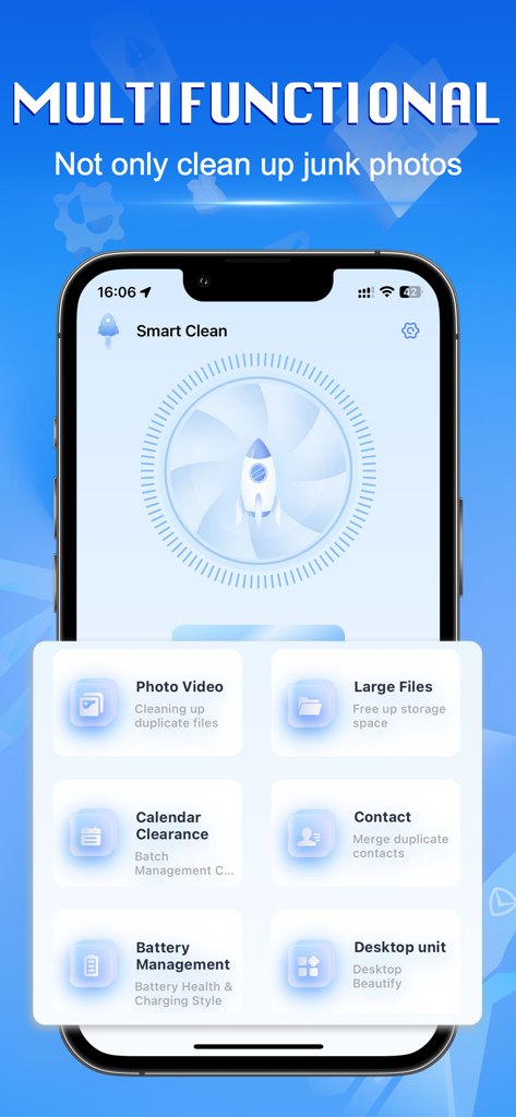Smart Clean：Phone Storage - Smart Cleanアプリのインターフェース。写真、動画、連絡先のストレージ整理のための多機能な機能を表示しています