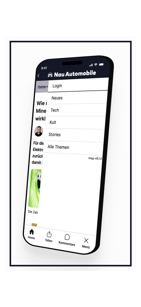 Nau Automobile - Interfaz de la aplicación móvil Nau Automobile que muestra un menú de navegación con categorías como Tech Kult e Historias.
