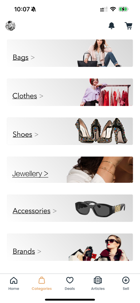 Reluxious - 가방, 의류, 신발, 보석, 액세서리 섹션을 특징으로 하는 Reluxious 앱의 카테고리 화면