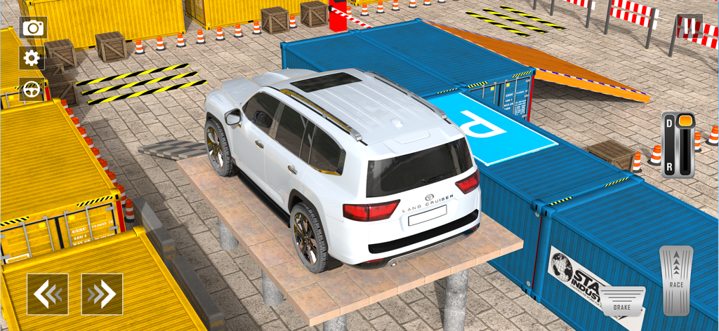 Prado Parking Game - Car Game - A white luxury SUV parked on a platform in a shipping container yard in the Prado Parking Game simulation.