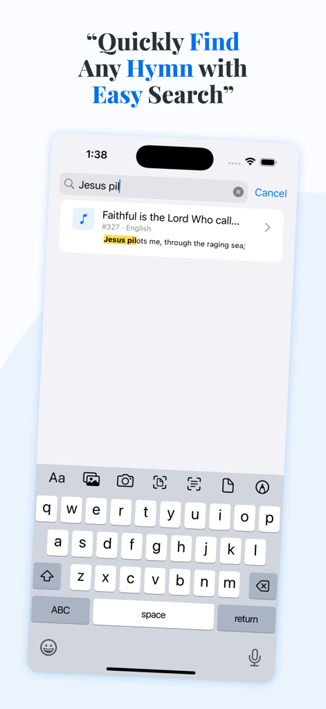 Screenshot der Suchleiste der pfingstlichen Hymnen-App mit Ergebnissen für eine christliche Hymne