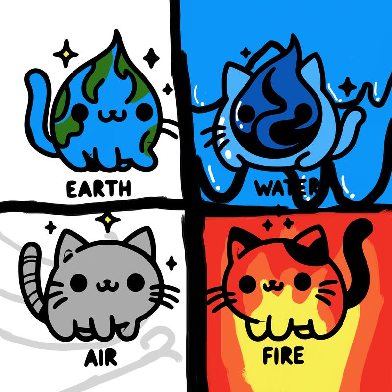 4 cats that represent the different elements, earth, water, air, and fire