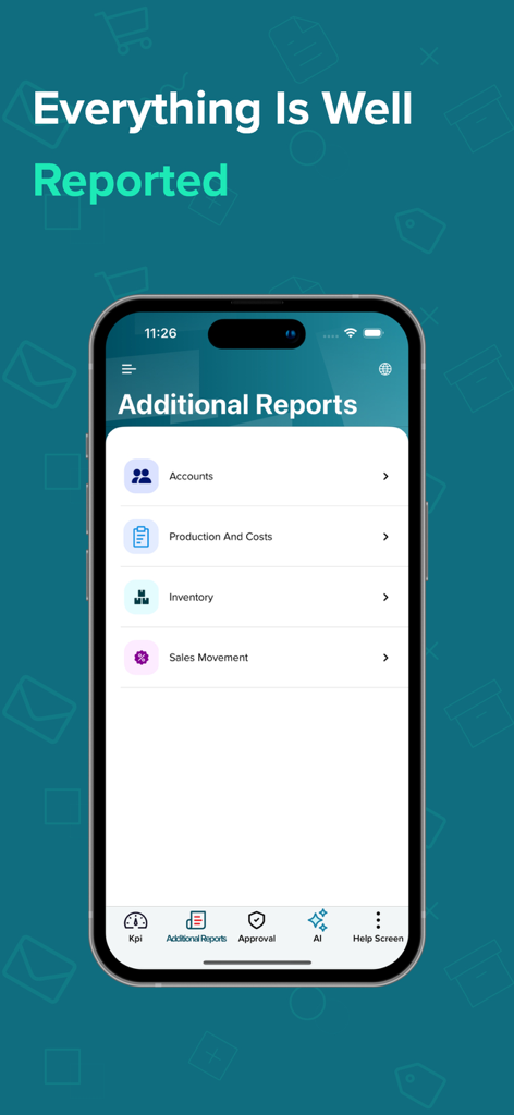 Onyx Pro Mobile app screen showing the Additional Reports menu with options for Accounts, Production and Costs, Inventory, and Sales Movement.