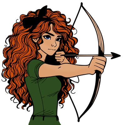 a woman with curly and messy hair using a bow to shoot arrow realistic