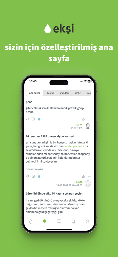 Screenshot of the Eksi app showing a personalized home page feed with Turkish dictionary entries on an iPhone