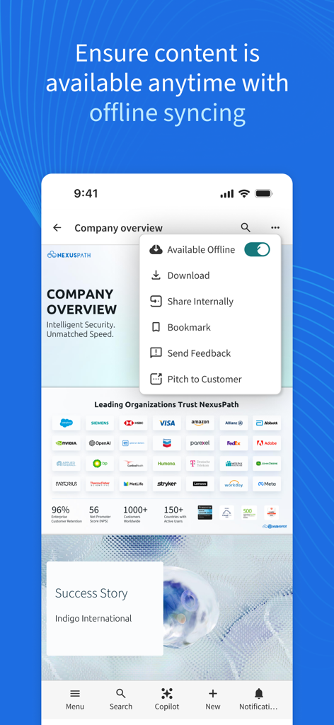Highspot-Mobil-App-Oberfläche mit Optionen, um Verkaufsinhalte offline verfügbar zu machen