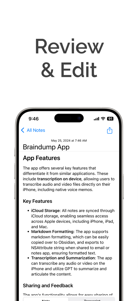 Brain Dump app interface for reviewing and editing transcribed notes in markdown format