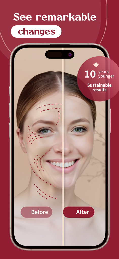 Lumina: Face Yoga - A woman's face split into a before and after comparison showing natural anti-aging results from using the Lumina Face Yoga app.