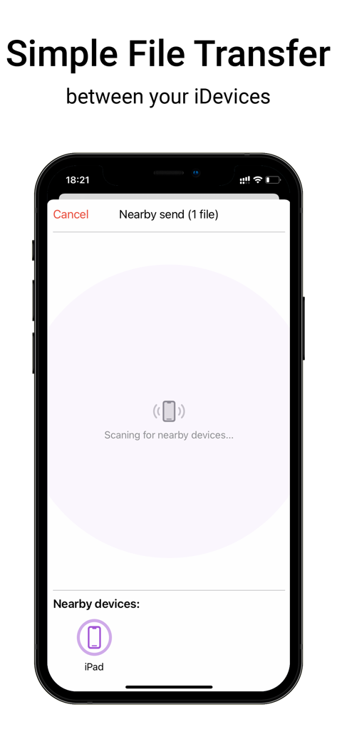 Media Assistant - Tela do iPhone exibindo o recurso de transferência de arquivos entre iDevices próximos no aplicativo Media Assistant.