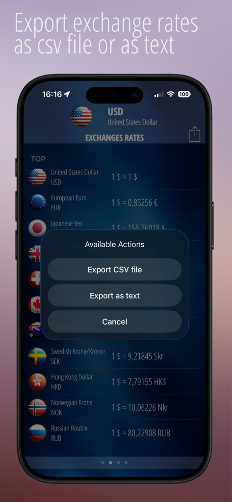iCurrency Converter app interface showing export options for exchange rates in CSV or text format