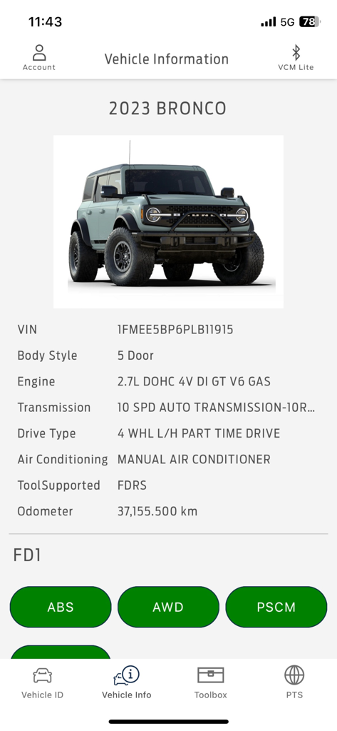 Ford DiagNow app screen displaying vehicle information and diagnostic module status for a 2023 Ford Bronco